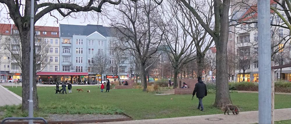 Schilder, die auf geschützte Grünanlage und Leinengebot hinweisen, und Hundehalter, die das ignorieren, auf dem Olivaer Platz in Berlin-Wilmersdorf.