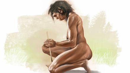 Die Darstellung einer Steinzeit-Frau, die Feuer macht.