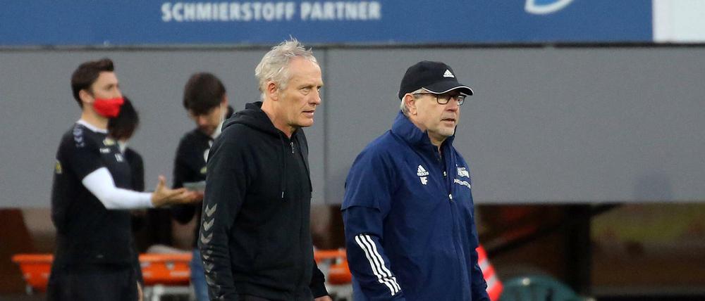 Seltene Spezies. Unions Urs Fischer (rechts) und sein Freiburger Pendant Christian Streich sind die dienstältesten Trainer der Bundesliga.