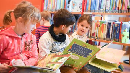 Zwei Schülerinen und ein Schüler lesen in der Schulbibliothek einer Schule Bücher.