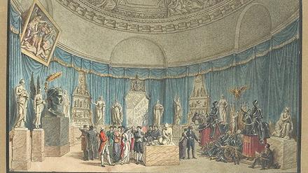 Historisches Gemälde, das Besucher in einem Kunstmuseum zeigt.