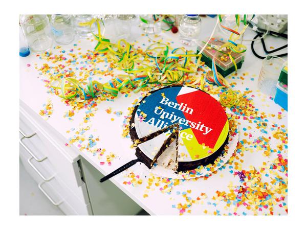 Eine Torte mit der Aufschrift Berlin University Alliance liegt auf einem Schreibtisch, der mit Konfetti bedeckt ist.