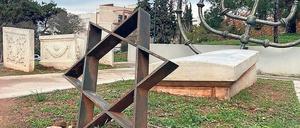 Mahnmal an den jüdischen Friedhof mit einigen Grabsteinen, einem Davidstern und einer Menora als Symbole.