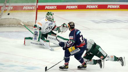 Eric Mik (l) erzielt das 1:1 für die Eisbären gegen die Augsburger Panther.