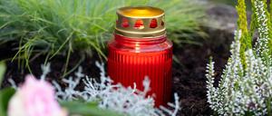 Zwei Rosen und ein Grablicht sind auf einem Grab auf dem Westfriedhof in München zu sehen.