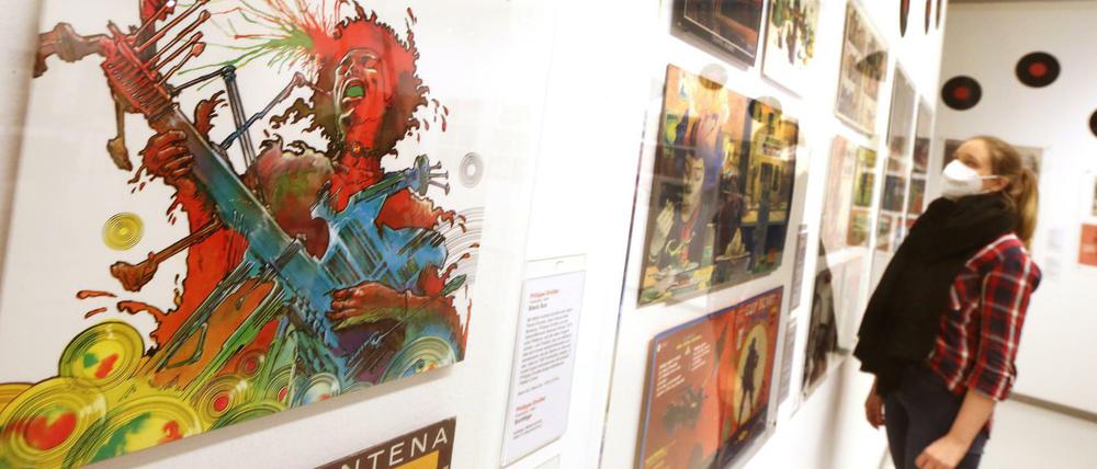 Das Plattencover für eine Langspielplatte von Jimy Hendrix, entworfen von Philippe Druillet, ist eines der Exponate. 
