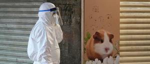 Ein Mitarbeiter des Ministeriums für Landwirtschaft, Fischerei und Naturschutz vor einer geschlossenen Tierhandlung in Hongkong.