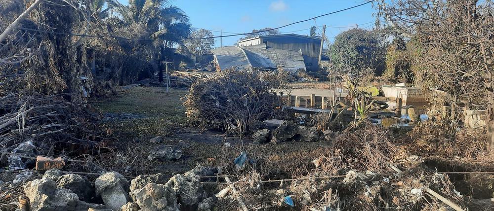 Zerstörte Gebäude in der Stadt Nuku'alofa auf der Hauptinsel Tongas, Tongatapu.