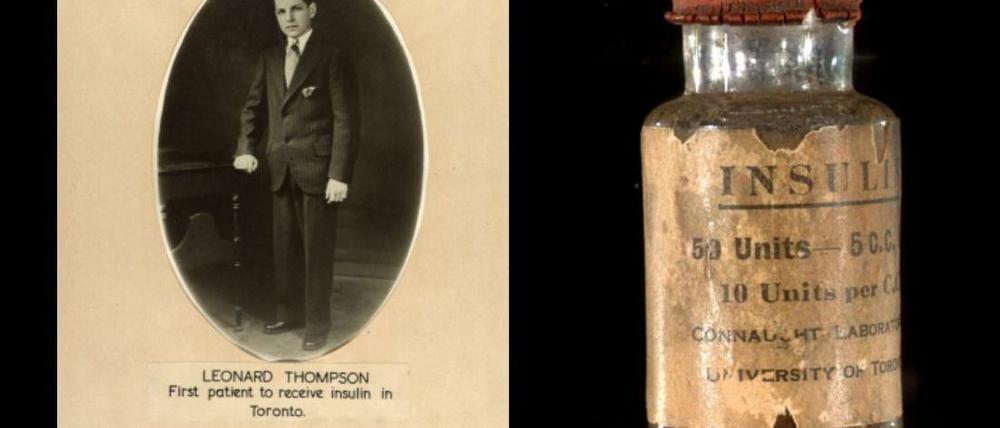 Leonard Thompson, erster Patient, der Insulin gespritzt bekam - und ein historischer Behälter von der Universtität Toronto