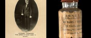 Leonard Thompson, erster Patient, der Insulin gespritzt bekam - und ein historischer Behälter von der Universtität Toronto
