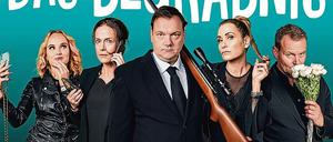 Verwerfungen nach dem Ableben. Mittendrin: Sohn Mario (Charly Hübner, v. l. n. r. Luise von Finkh, Claudia Michelsen, Anja Kling und Devid Striesow). 