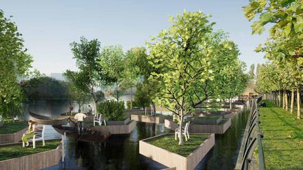 Simulation schwimmender Bauminseln auf der Spree.