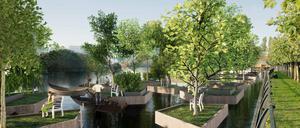 Simulation schwimmender Bauminseln auf der Spree.