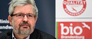 Axel Vogel (Bündnis 90/Die Grünen), Brandenburger Landwirtschaftsminister, bei der Pressekonferenz zur Vorstellung der neuen Qualitätssiegel. 