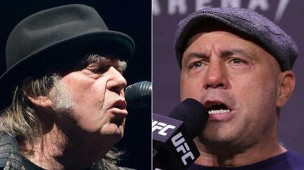 Links: Sänger Neil Young bei einem Konzert in Quebec 2018. Rechts: Joe Rogan bei der UFC Meisterschaft in Las Vegas. 2021.