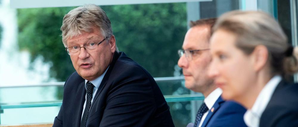 Jörg Meuthen (links) mit Tino Chrupalla und Alice Weidel.