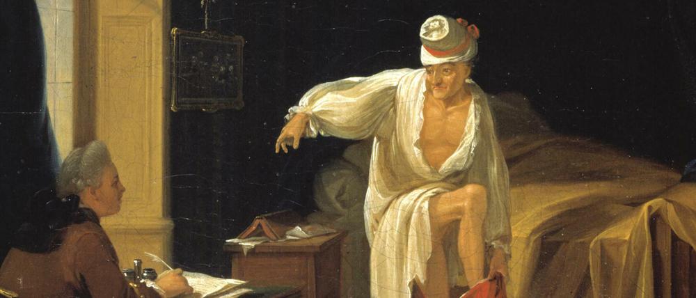 Diktat am Morgen. Voltaire und sein Sekretär Collini. Gemälde von Jean Huber (1721-1786).