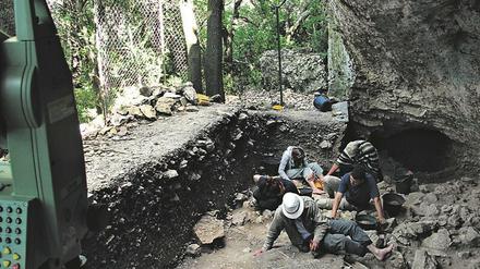 Schicht für Schicht wird der Höhlenboden abgetragen, um darin eingebettete Fossilien einer Zeit zuordnen zu können.