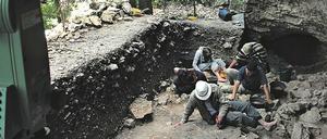 Schicht für Schicht wird der Höhlenboden abgetragen, um darin eingebettete Fossilien einer Zeit zuordnen zu können.
