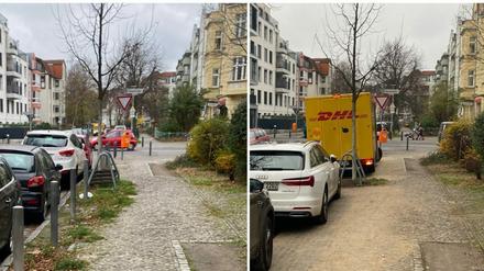 Bildkombination mit freiem und beparktem Gehweg in der Garibaldistraße in Berlin-Wilhelmsruh.