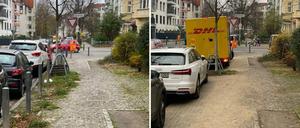 Bildkombination mit freiem und beparktem Gehweg in der Garibaldistraße in Berlin-Wilhelmsruh.