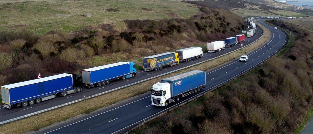 Lastwagen stehen in einer Schlange und warten darauf zum Hafen von Dover weiterfahren zu können.