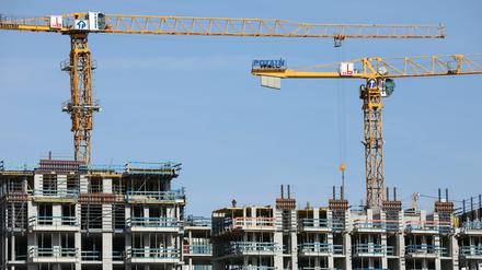 Hamburg: Kräne stehen auf einer Baustelle für mehrstöckige Wohnhäuser.
