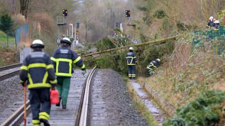 Feuerwehrleute in Hamburg arbeiten auf Bahngleisen an umgestürzten Bäumen.