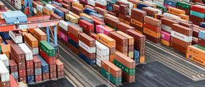 Container stehen im Containerterminal Altenwerder auf einer Abstellfläche.