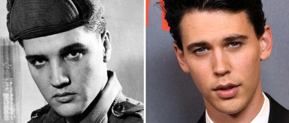 Elvis Presley.1960 als G.I. in Friedberg und sein Darsteller Austin Butler. 