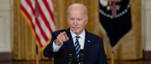 US-Präsident Joe Biden bei einer Pressekonferenz zur russischen Invasion der Ukraine a. 24. Februar 2022.
