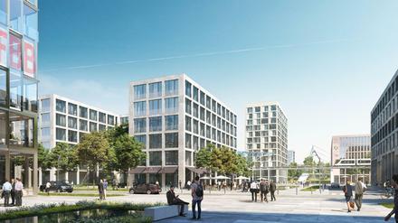 Computersimulation der Airport City am BER rund um den Willy-Brandt-Platz - aus dem Masterplan 2040.