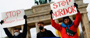 Drei junge Männer halten Schilder u.a. mit der Aufschrift Stop Russian Invasion und eine ukrainische Flagge hoch.