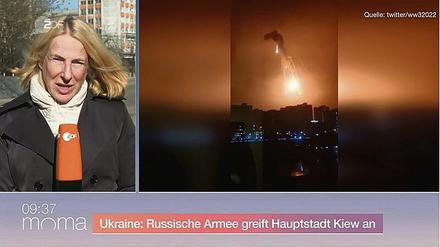 Von Ort zu Ort. ZDF-Reporterin Katrin Eigendorf am Freitagmorgen aus der Ukraine, 200 Kilometer westlich von Kiew. Bei der Berichterstattung aus Kriegssituationen hat die Sicherheit der Korrespondenten oberste Priorität. 
