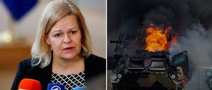 Bundesinnenministerin Nancy Faeser (links) und ein Kriegsschauplatz im ukrainischen Charkiw (rechts).