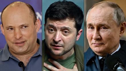 Israels Premier Naftali Bennett, der ukrainische Präsident Wolodymyr Selenskyj und Russlands Staatschef Wladimir Putin.
