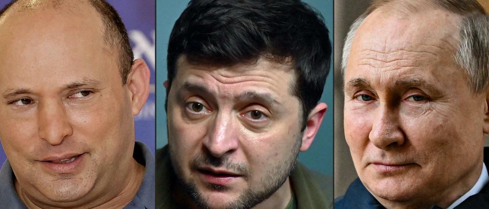 Israels Premier Naftali Bennett, der ukrainische Präsident Wolodymyr Selenskyj und Russlands Staatschef Wladimir Putin.