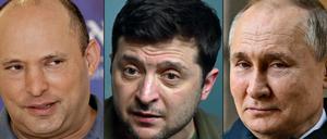 Israels Premier Naftali Bennett, der ukrainische Präsident Wolodymyr Selenskyj und Russlands Staatschef Wladimir Putin.