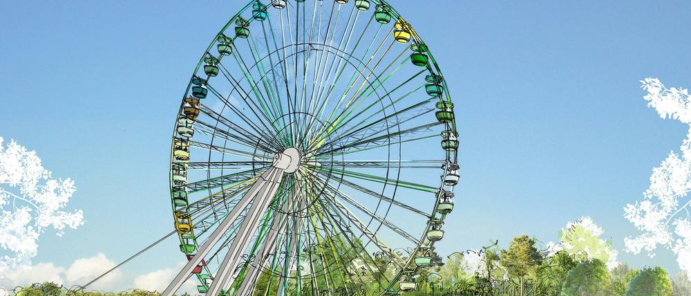 Das neue Riesenrad wird schräg aufgehängt.