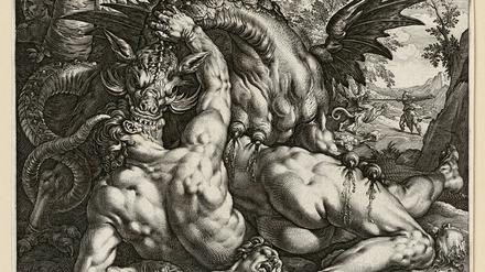 Brutal. Hendrick Goltzius Stich „Der Drache verspeist die Gefährten des Cadmos“ von 1588. 