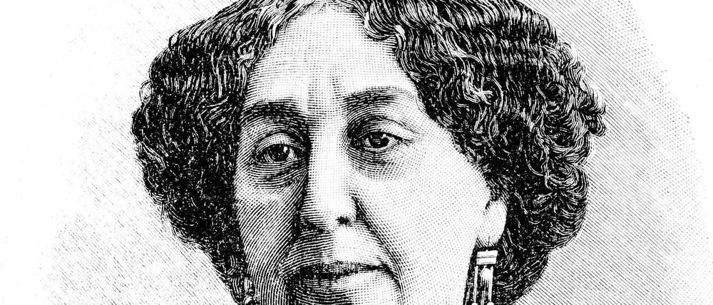 Die französische Schriftstellerin George Sand, hier auf einem historischen Druck aus dem 19. Jahrhundert. Ihr bürgerlicher Name lautete Amandine-Aurore-Lucile Dupin de Francueil und sie lebte von 1804 - 1876.  