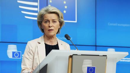 Ursula von der Leyen, Präsidentin der Europäischen Kommission, spricht auf einer Pressekonferenz nach einem EU-Gipfel in Brüssel.