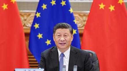 Chinas Präsident Xi Jinping bei einer Videokonferenz mit EU-Vertretern im Dezember 2020