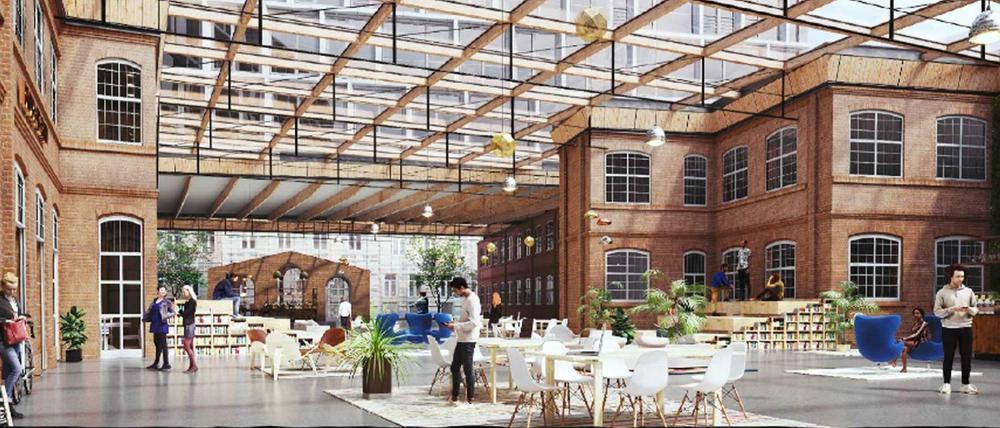 Entwurf für den Umbau des Kinos Colosseum: So könnte das Atrium im Innenhof aussehen, im Hintergrund der geplante Büroneubau.