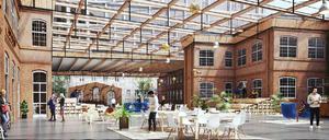 Entwurf für den Umbau des Kinos Colosseum: So könnte das Atrium im Innenhof aussehen, im Hintergrund der geplante Büroneubau.