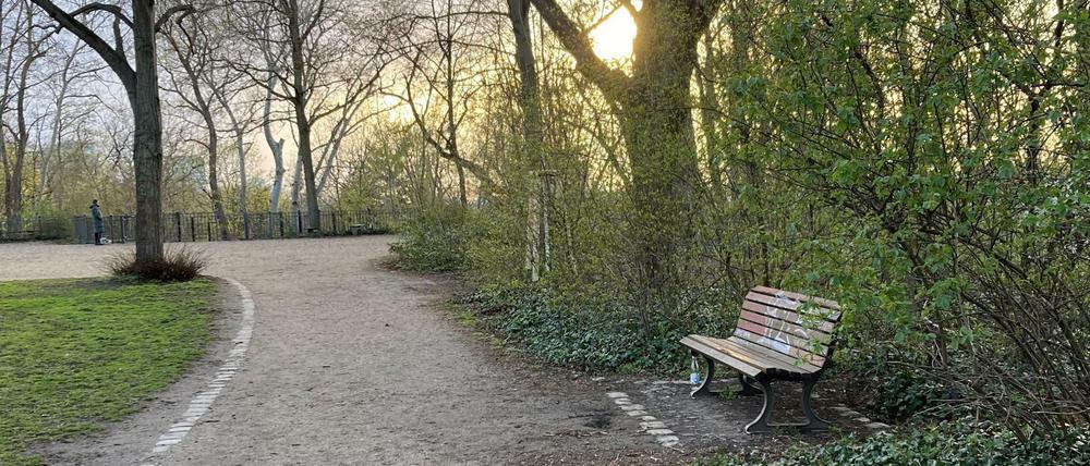 Die im Text beschriebene Handke-Lektüre-Bank auf dem kleinen Bunkerberg im Berliner Volkspark Friedrichshain.