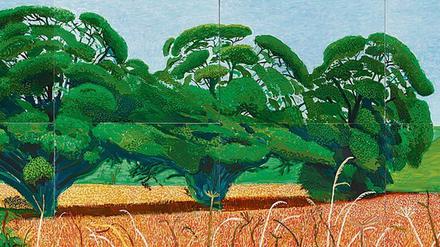 Plakative Pracht des Sommers. David Hockneys Gemälde „Three Trees near Thixendale, Summer 2007“ besteht aus acht Leinwänden. 
