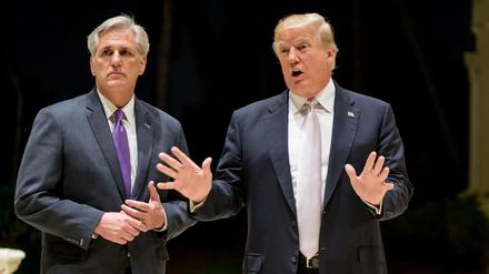 Der damalige US-Präsident Donald Trump beantwortet Fragen der Medien, mit dem damaligen Mehrheitsführer des US-Repräsentantenhauses.