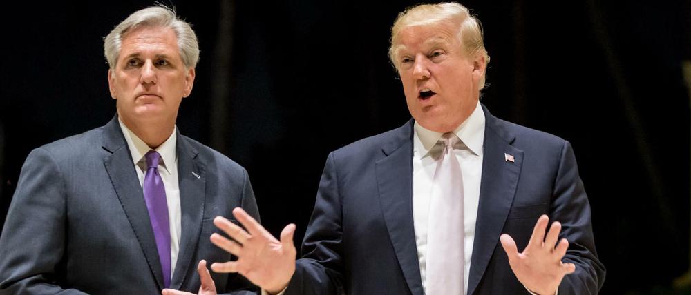 Der damalige US-Präsident Donald Trump beantwortet Fragen der Medien, mit dem damaligen Mehrheitsführer des US-Repräsentantenhauses.