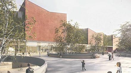 Für den Neubau soll eine Senke überbrückt werden. Der Vorplatz führt hinein in die große Aula.